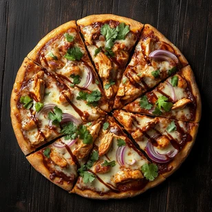 BBQ Chicken pizza sliced, with chicken, red onion, coriander and barbecue sauce