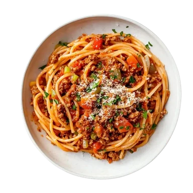 Bolognese pasta with rich meat sauce and parmesan