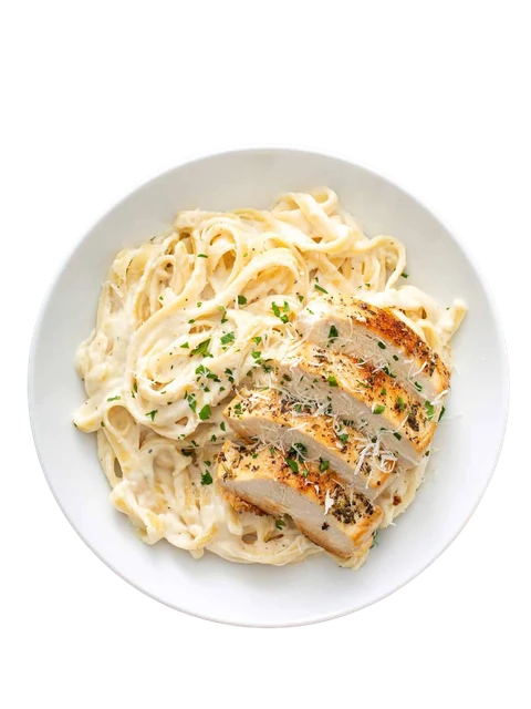 Chicken Alfredo pasta with grilled chicken in a cream sauce