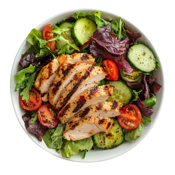 Chicken Tender Salad with grilled chicken, greens, cucumber and tomato