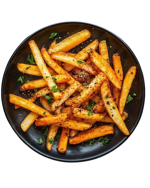 Seasoned fries with herbs on a dark plate