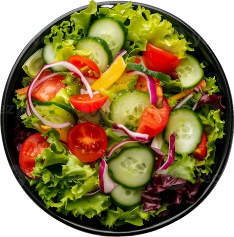 Green salad with lettuce, cucumber, tomato, onion and yellow pepper