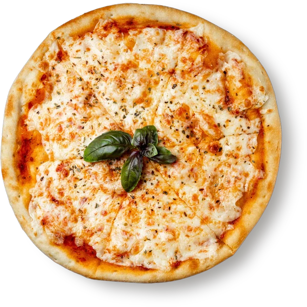 Margherita pizza with tomato, melted mozzarella and basil