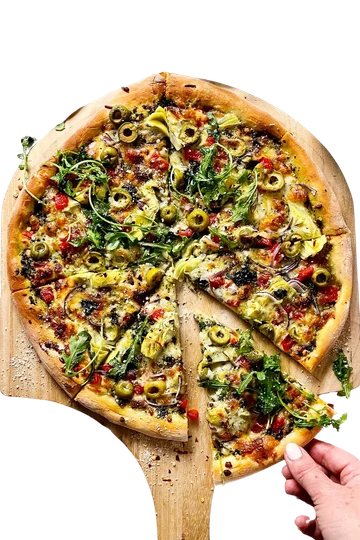 Mediterranean Veggie pizza with olives, tomato and peppers