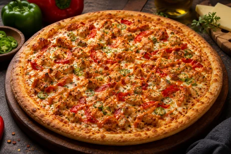 Peri Peri pizza with chicken, peppers, jalapenos and peri peri drizzle