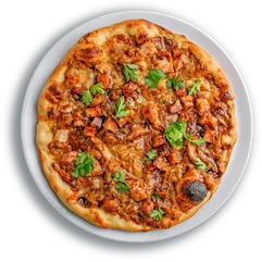 Pollo pizza with glazed chicken, onions and fresh herbs