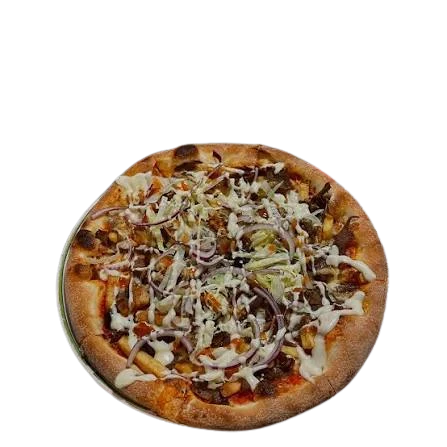 The Rotterdam Kapsalon Pizza topped with fries, shoarma, onion and white sauce