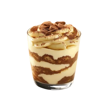 Tiramisu in a glass cup topped with cocoa and chocolate shavings